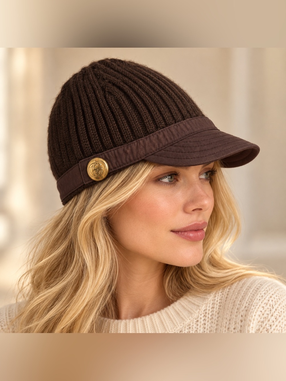 Gucci Wool Knit Visor Hat GG vintage Gold Button